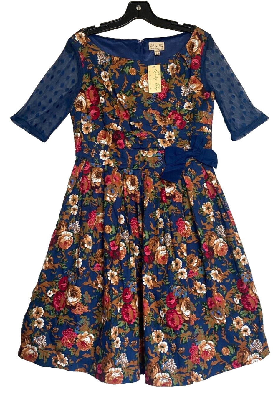 LINDY BOP UK Blue Floral Cotton Pleated Retro Swing Dress - Lace Sleeves, Bow M